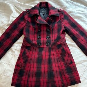Excellent condition red and black plaid pea coat